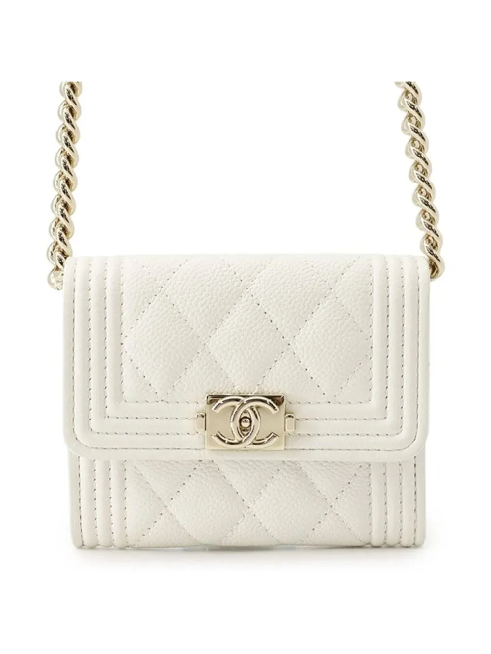 Chanel Chain Wallet Boy Quilted CC Logo Mini Caviar Leather White Shoulder